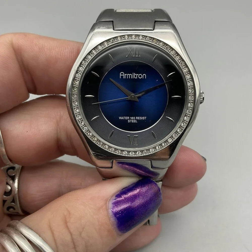 Armitron Womens Watch 38mm Blue Dial Stainless Crystals New Battery 6.75
